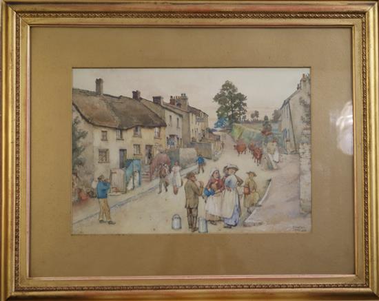 Frederick Brueton (fl.1882-1911) Figures in a village street 12 x 17in.